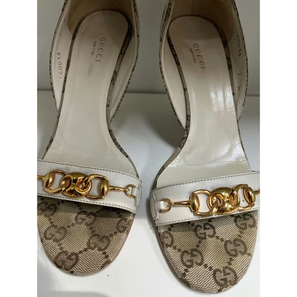 Gucci GG Canvas and Leather Peep-Toe Heels with Horsebit - Picture 5 of 5